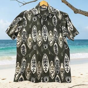 Vintage Sideout Hawaiian Shirt Mens L Green Tribal Tiki 90s Surf Skate
